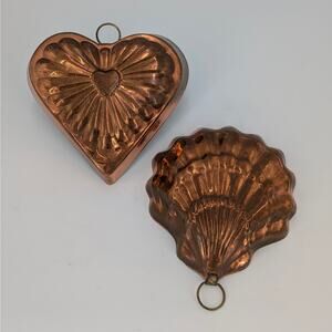 VTG Copper Mold Set Heart Shell Wall Decor Tin Lined Jello Pudding Food Bundt